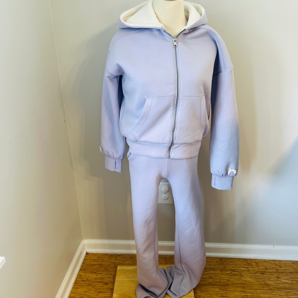 Abercrombie Kids YPB Lavender Sherpa Hooded Zip Up & Flare Pants Set Girls 13/14